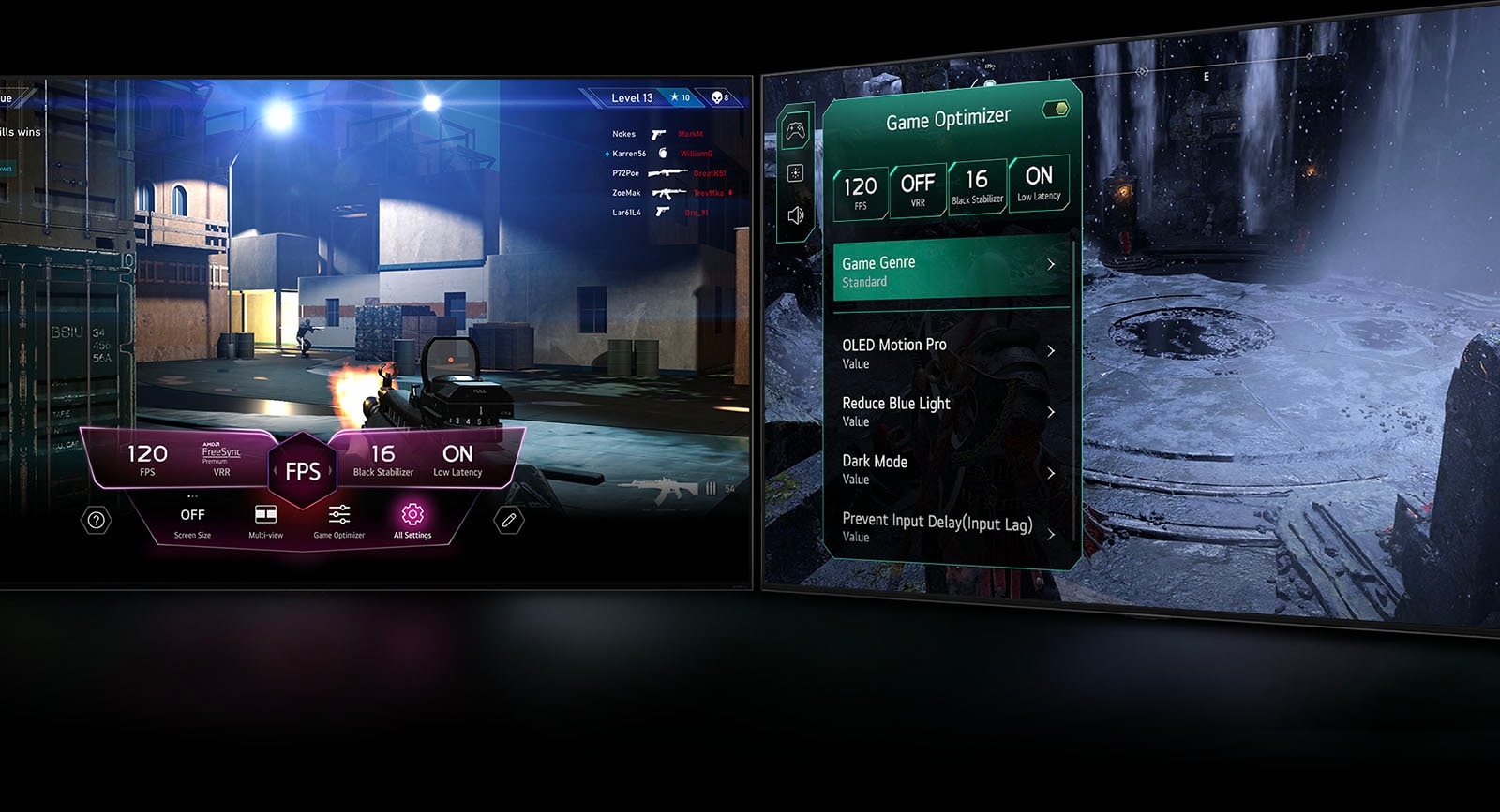 Сцена игры в жанре FPS с появлением меню Game Dashboard поверх экрана во время игрового процесса. Темная зимняя сцена с меню Game Optimizer, появляющимся поверх игры.