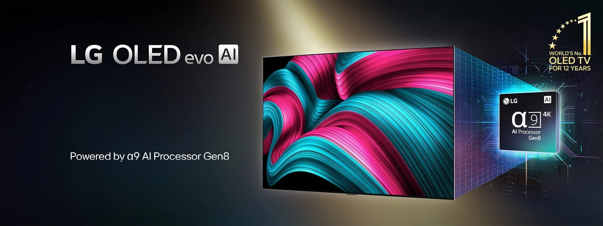 На OLED-телевизоре LG evo AI отображается яркое абстрактное изображение. За ним крупным планом показан светящийся процессор Alpha 9 AI Gen8. Текст выделяет процессор, а золотой значок гласит: &laquo;OLED-телевизор №1 в мире на протяжении 12 лет&raquo;.