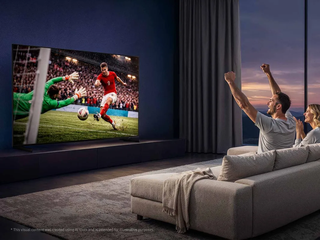 Пара смотрит спортивную трансляцию на телевизоре Samsung Micro RGB R85H в гостиной